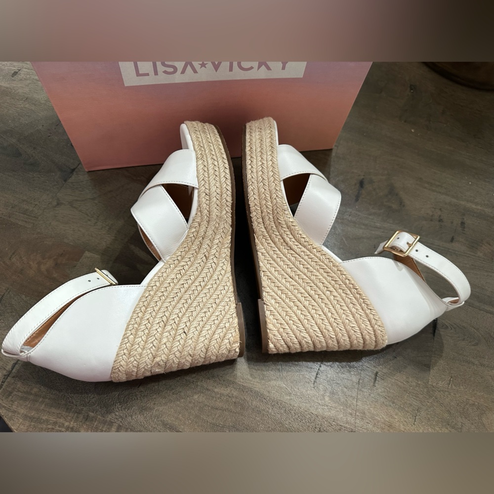 New $100 Lisa Vicky Leather Nordstrom Gemi Espadrille Wedge Sandal Sz 8.5 White - Picture 5 of 12